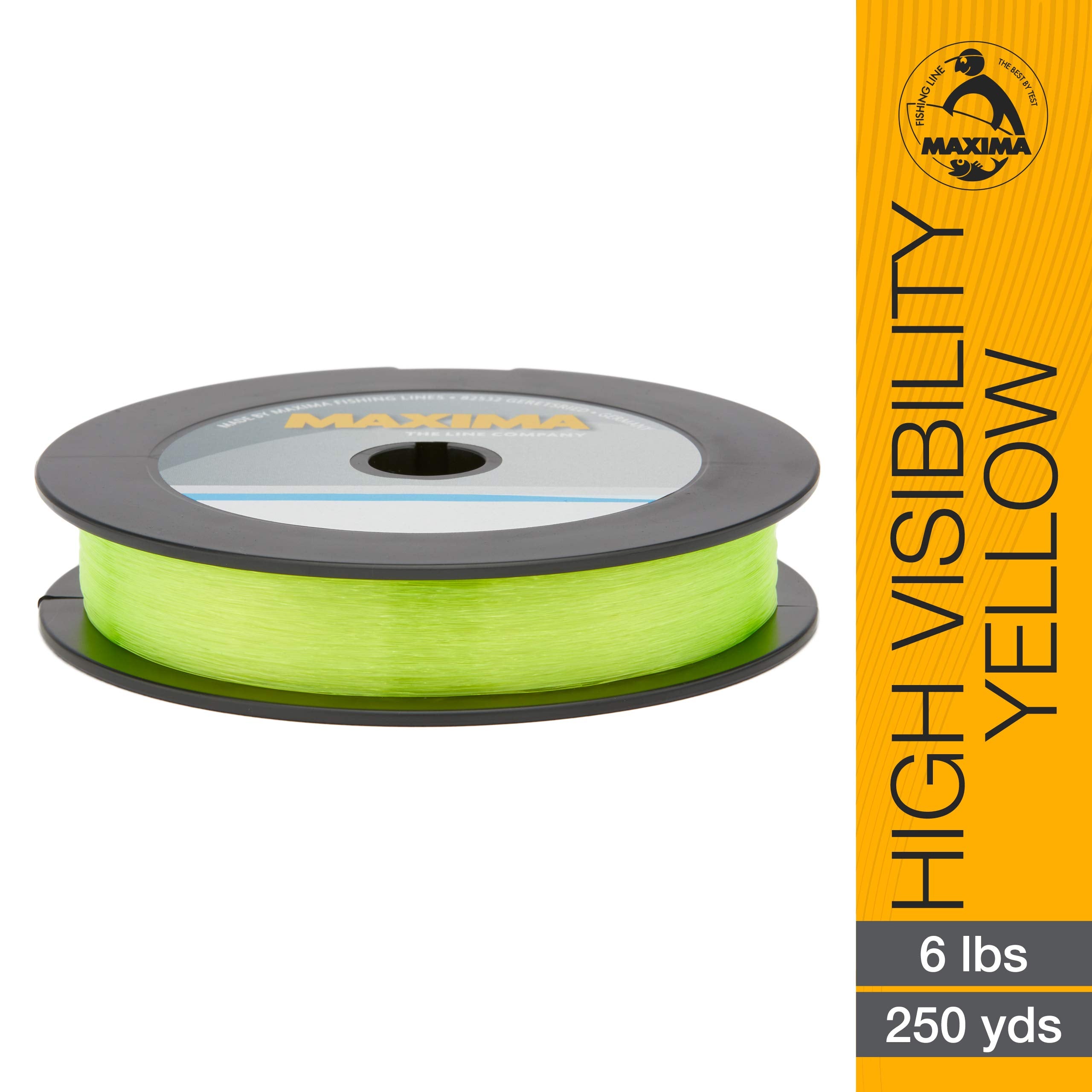 Maxima high-visibility yellow fishing line spool enhances line visibility for easy management