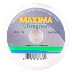 Maxima Ultragreen leader 20lb in moss green for low-visibility fishing and strong abrasion resistance.