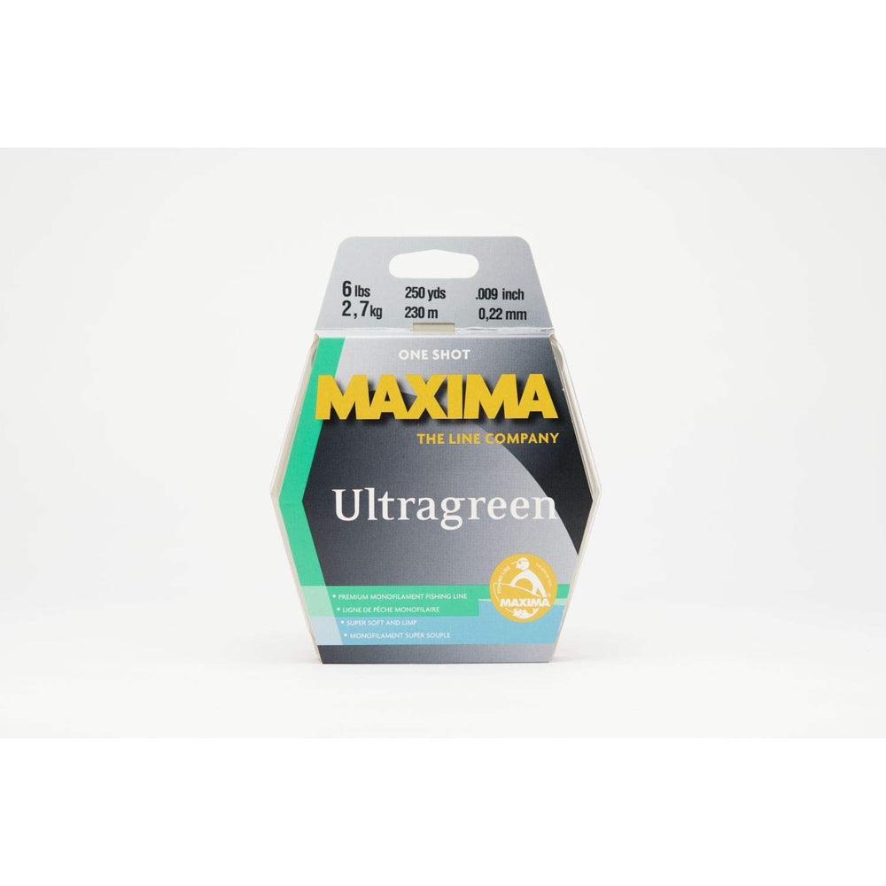 Maxima Ultragreen Line monofilament spool showcases near-invisible color and rugged finish for all species and waters.