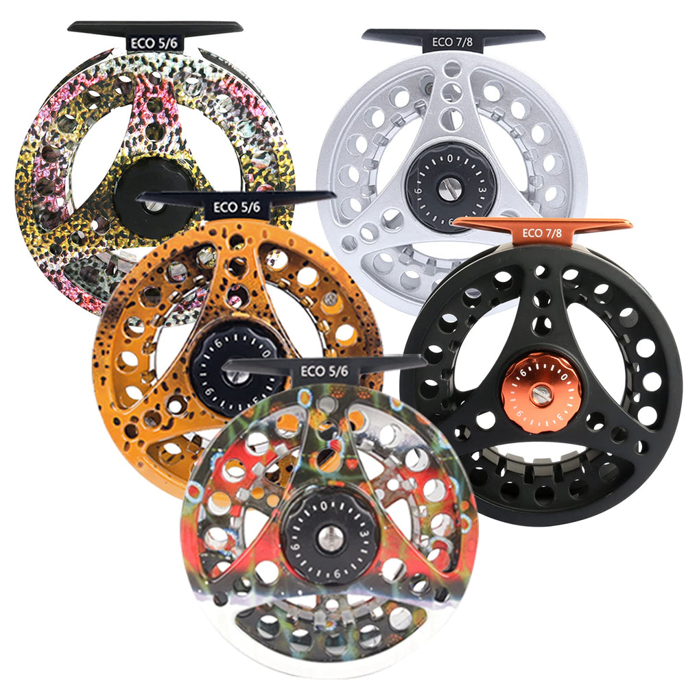 M MAXIMUMCATCH ECO large arbor reel color Rainbow Trout fits diverse fly fishing setups.