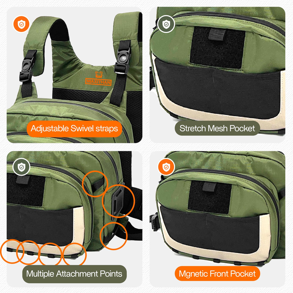 MAXITHAN Whitewater chest pack rear backpack with zippered compartments for extra tackle and snacks