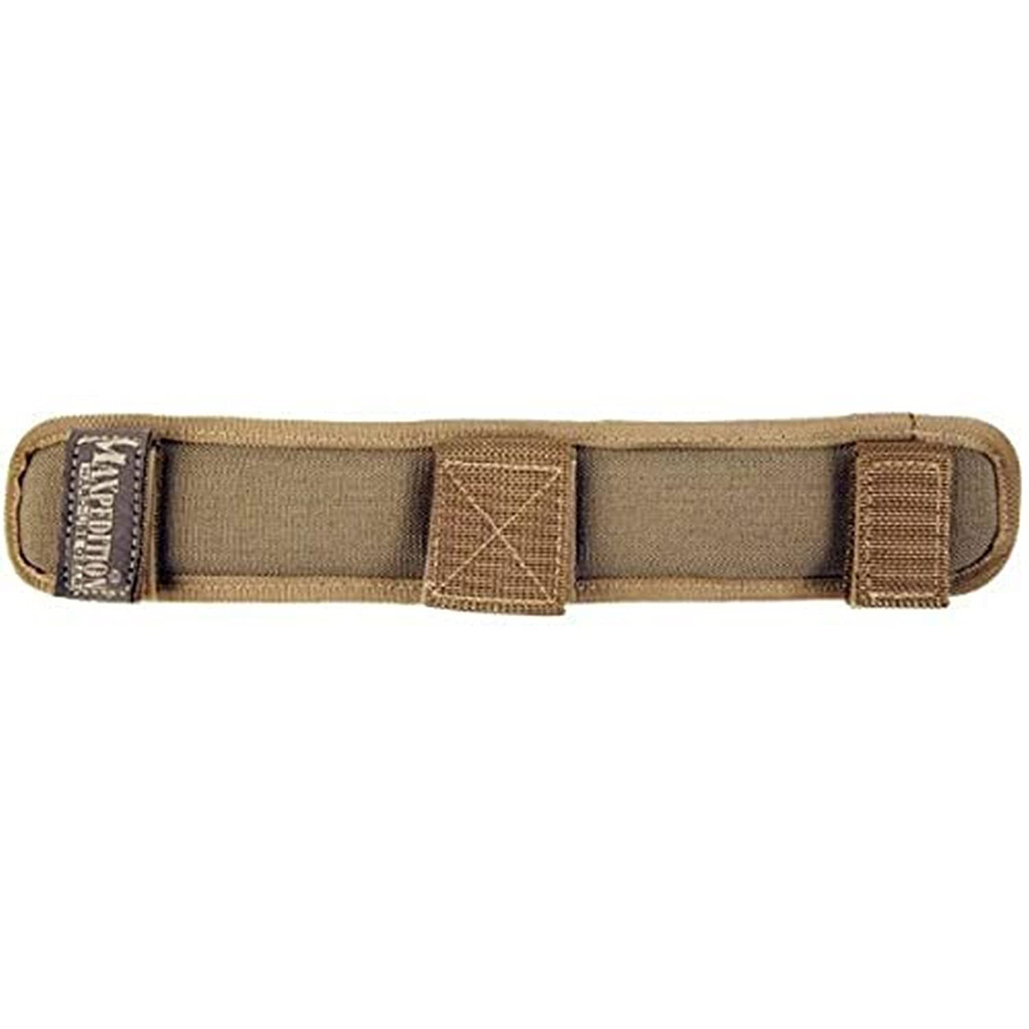 Maxpedition 1.5-inch shoulder pad in khaki with breathable mesh lining and non-slip grip.