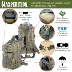 Maxpedition Falcon-II side pockets for organized storage during rugged use