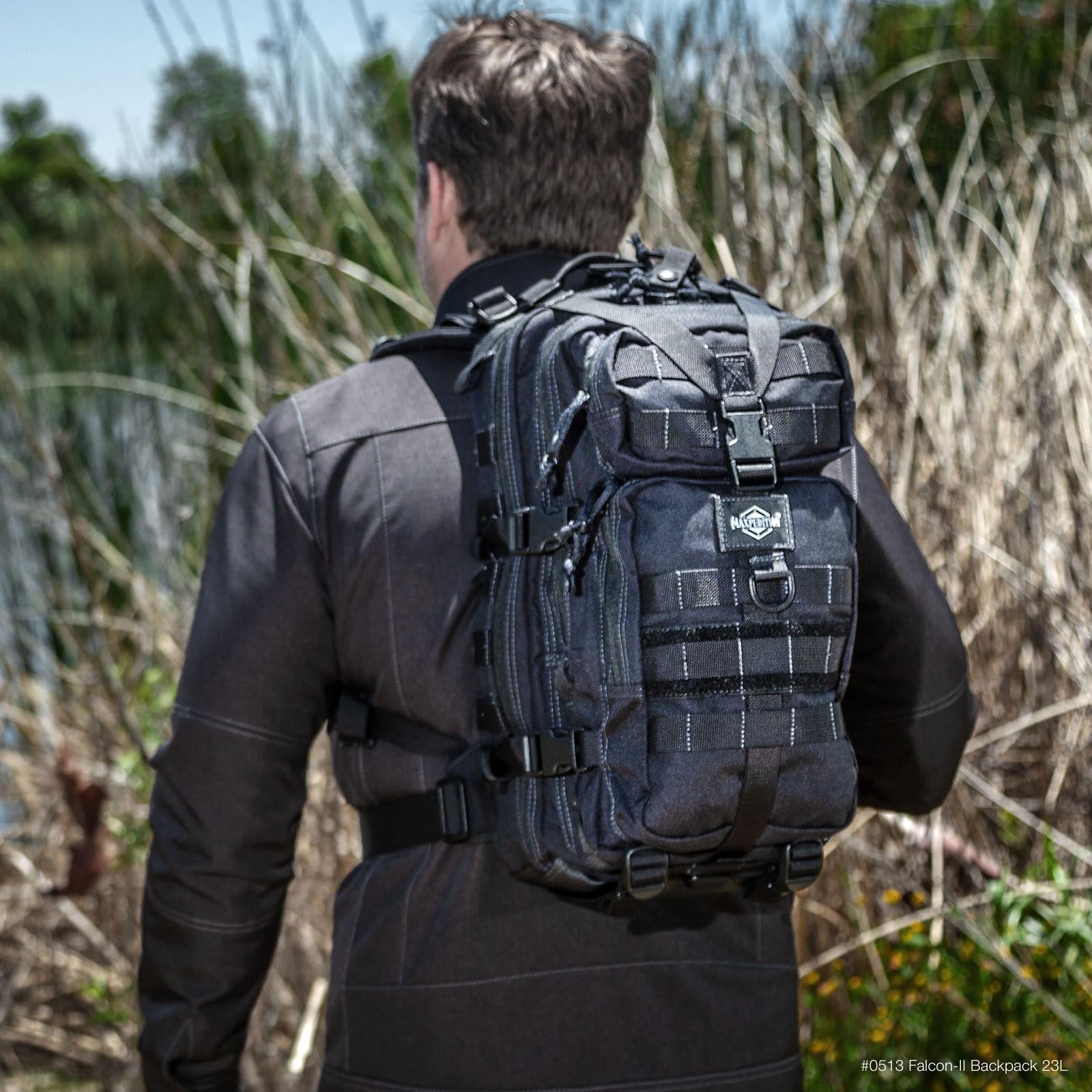 MOLLE webbing enables attaching extra pouches for customization.