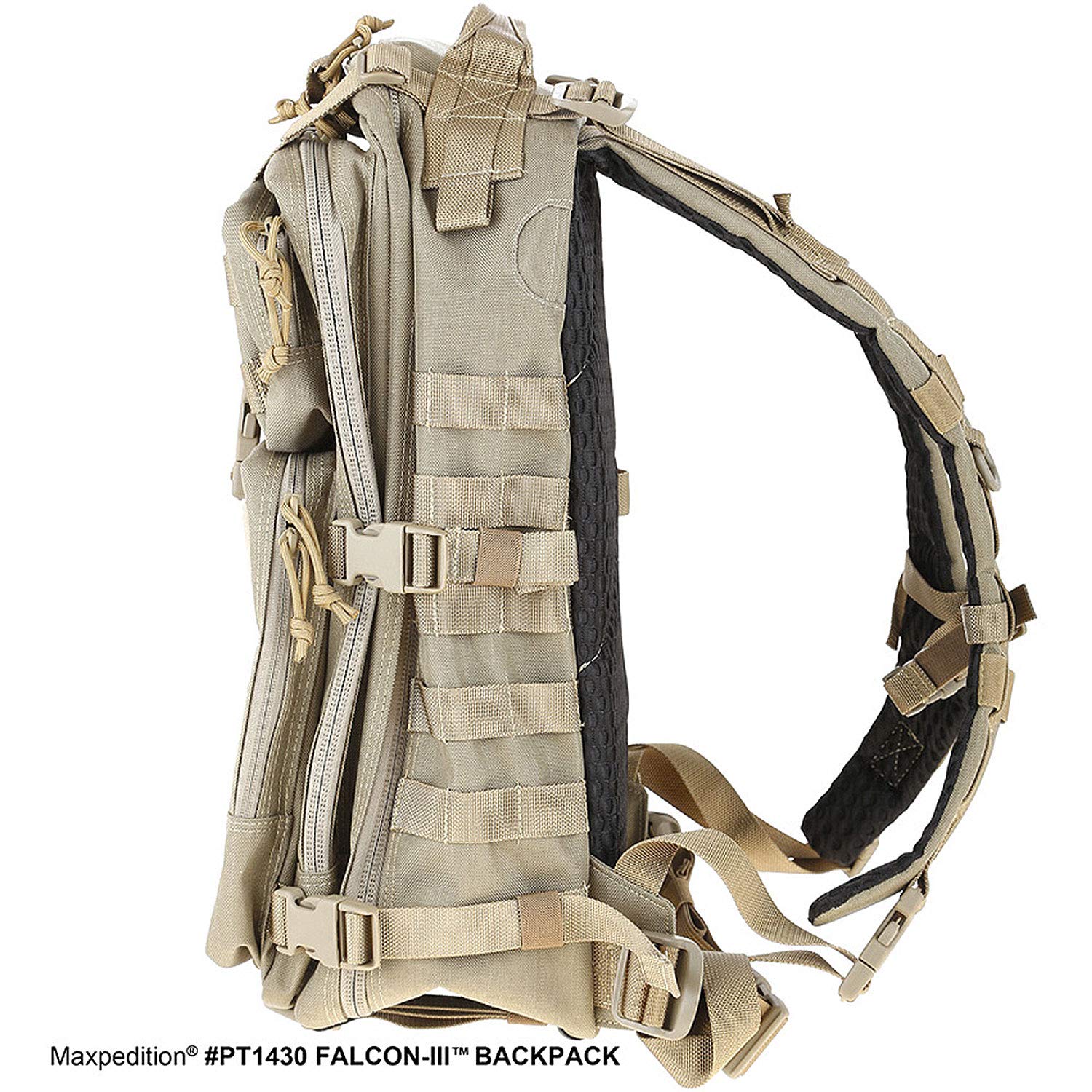 Maxpedition Falcon-III CCW pocket khaki side view with lockable zippers for security
