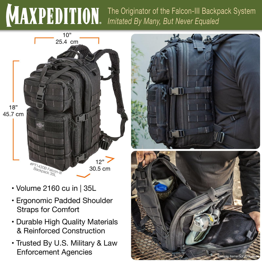 Maxpedition Falcon-III 35L capacity supports versatile urban and outdoor carry