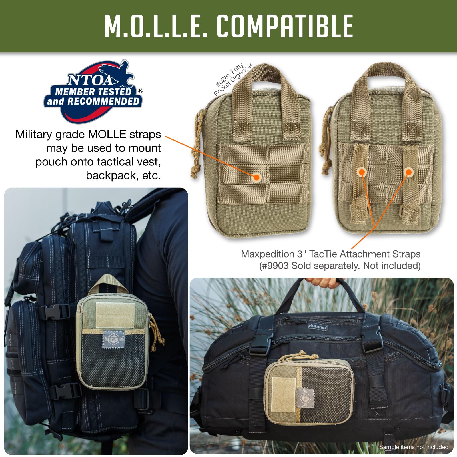 TacTie straps allow secure attachment to packs or belts.