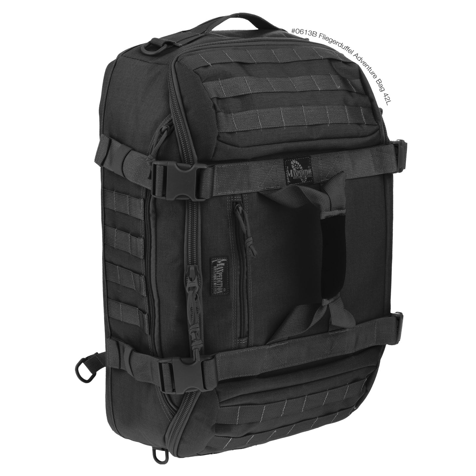Maxpedition Fliegerduffel Black top view highlights rugged, carry-on friendly design.