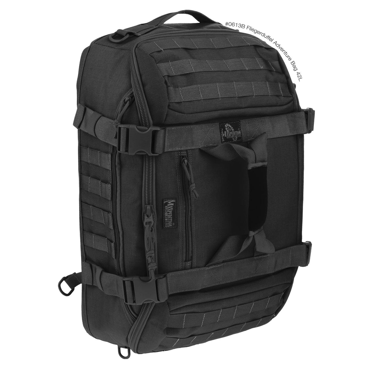 Maxpedition Fliegerduffel Black top view highlights rugged, carry-on friendly design.