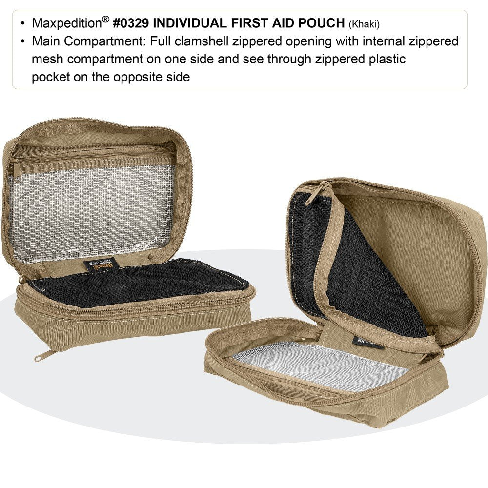 Maxpedition Individual First Aid Pouch Khaki 420-Denier fabric emphasizes durability and grime resistance