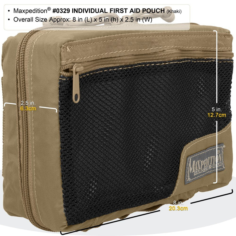 Maxpedition Individual First Aid Pouch Khaki open clamshell demonstrates quick access and organized interior