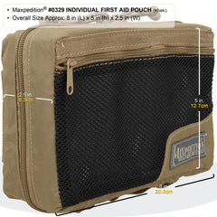 Maxpedition Individual First Aid Pouch Khaki open clamshell demonstrates quick access and organized interior