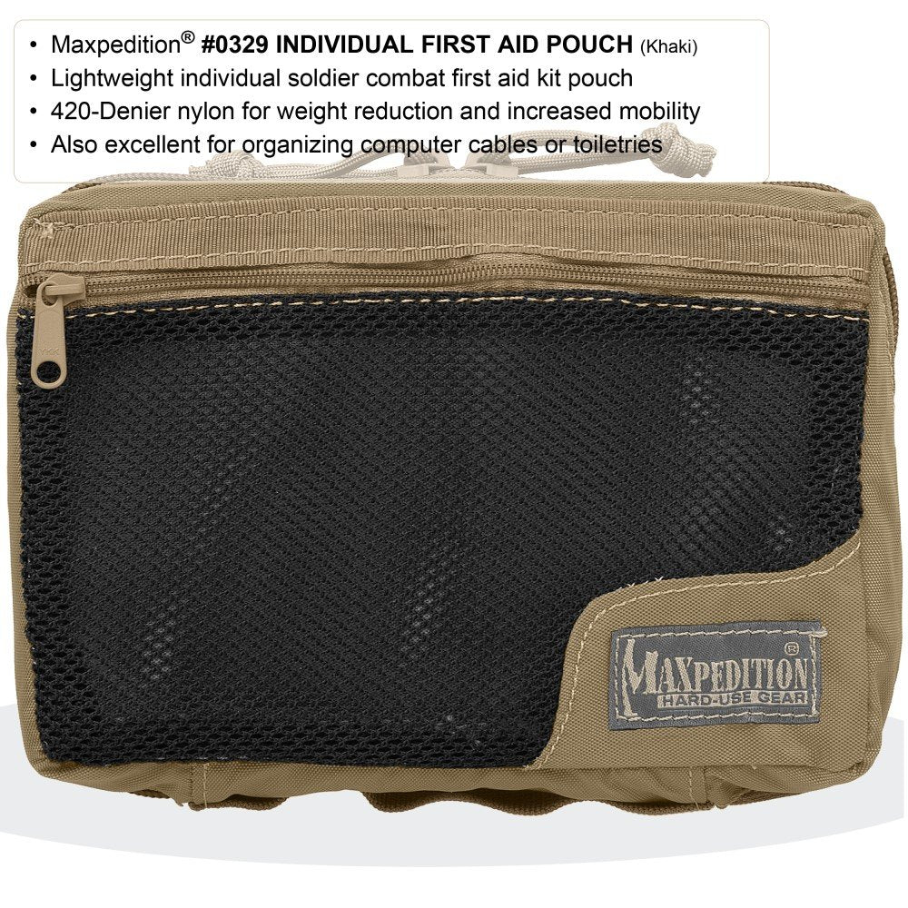 Maxpedition Individual First Aid Pouch Khaki side view highlights secure MOLLE attachment versatility