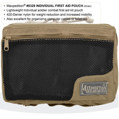 Maxpedition Individual First Aid Pouch Khaki side view highlights secure MOLLE attachment versatility