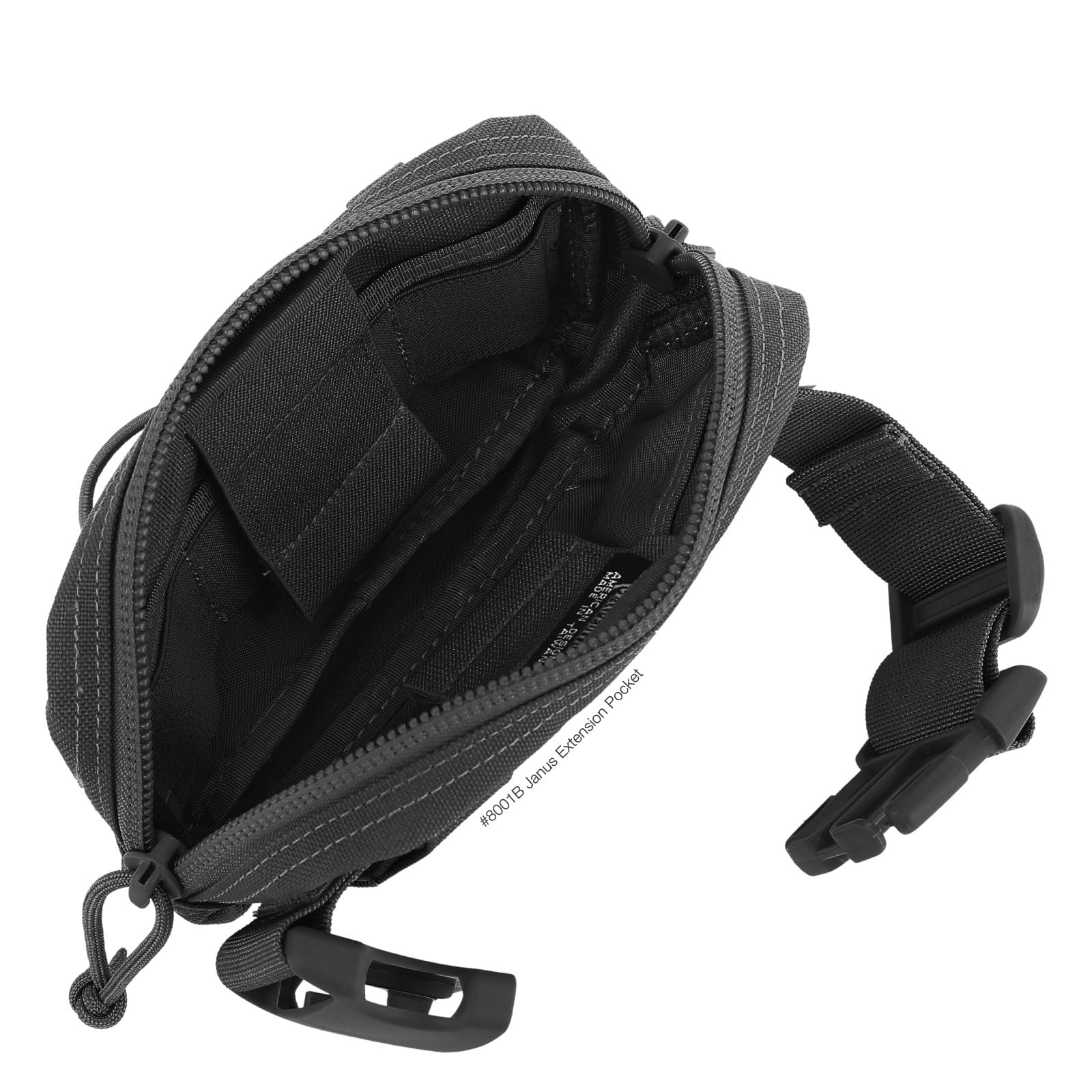Maxpedition Janus extension pocket opened to reveal dual-zipper access