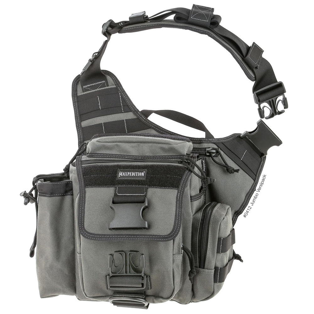 Maxpedition Jumbo Versipack quick-release buckle on shoulder strap.