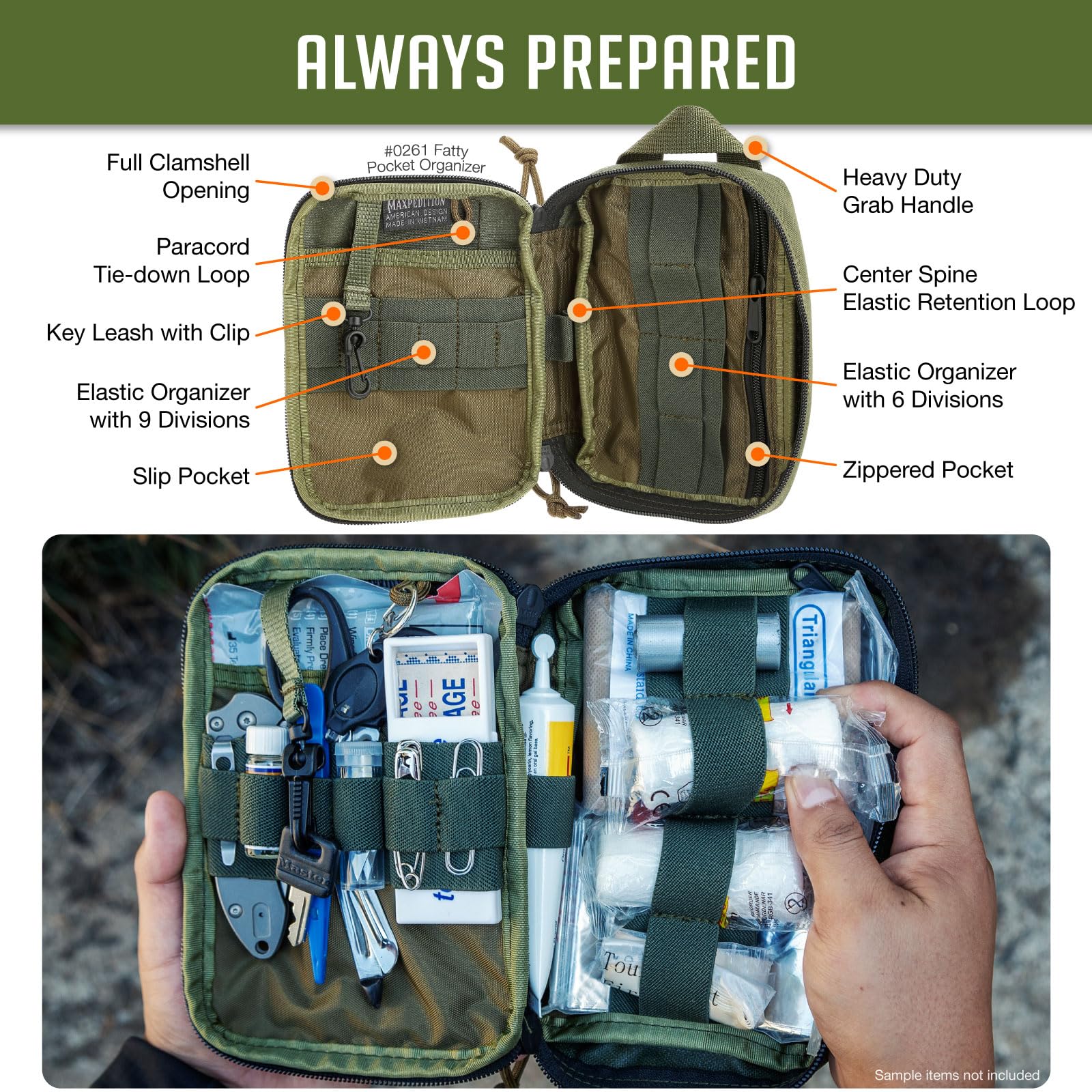 Maxpedition Medium Fatty OD Green full clamshell opening for full gear visibility.