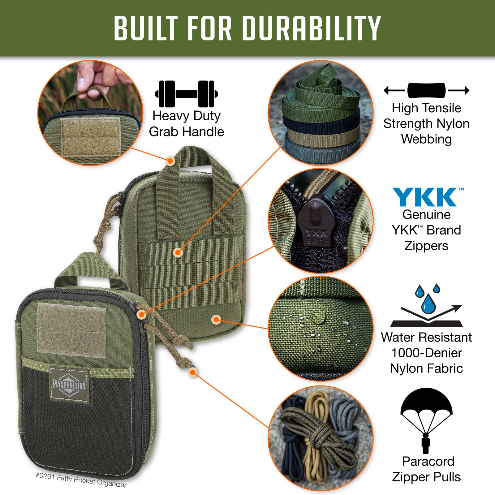 Maxpedition Medium Fatty OD Green inside left elastic divisions for compact storage.
