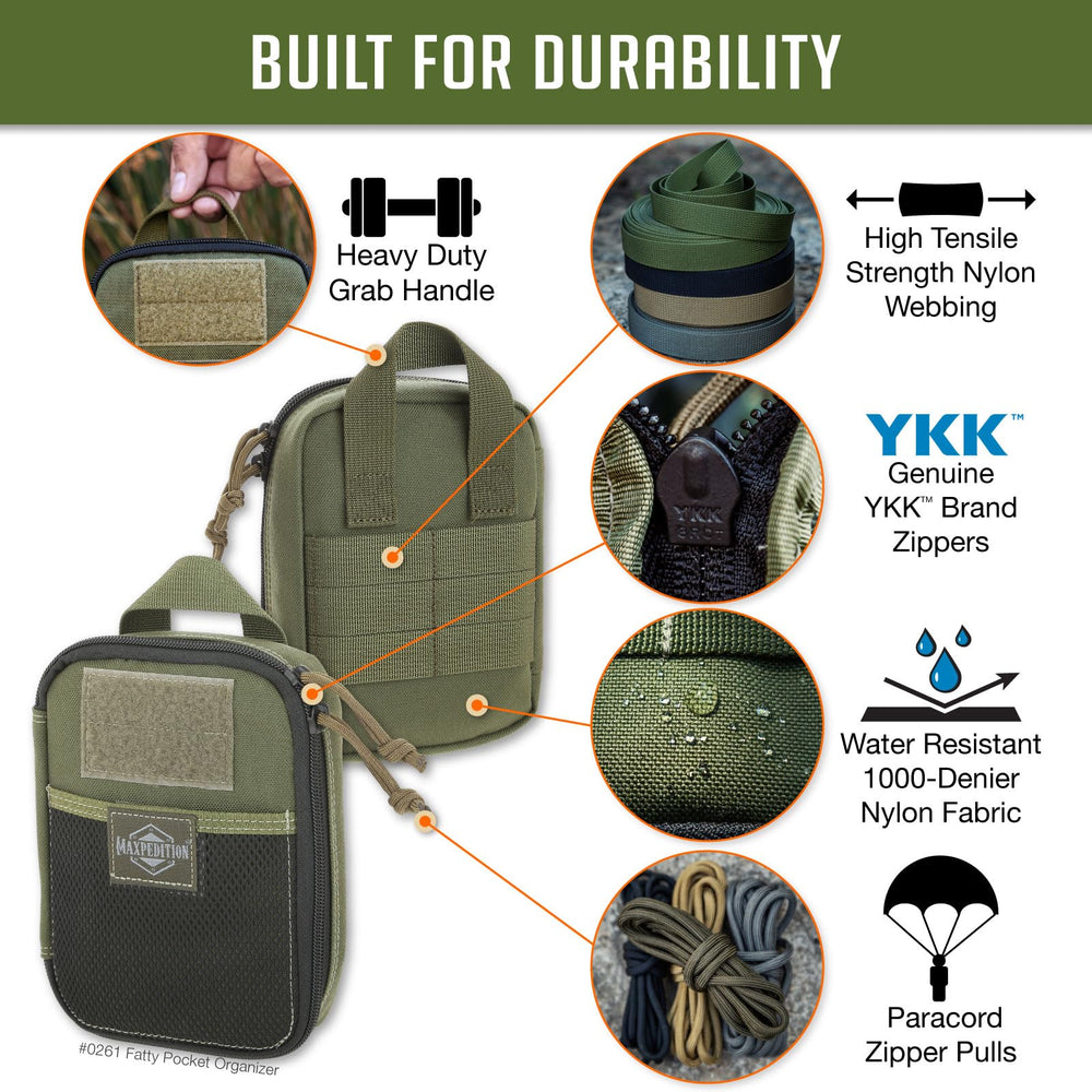 Maxpedition Medium Fatty OD Green inside left elastic divisions for compact storage.