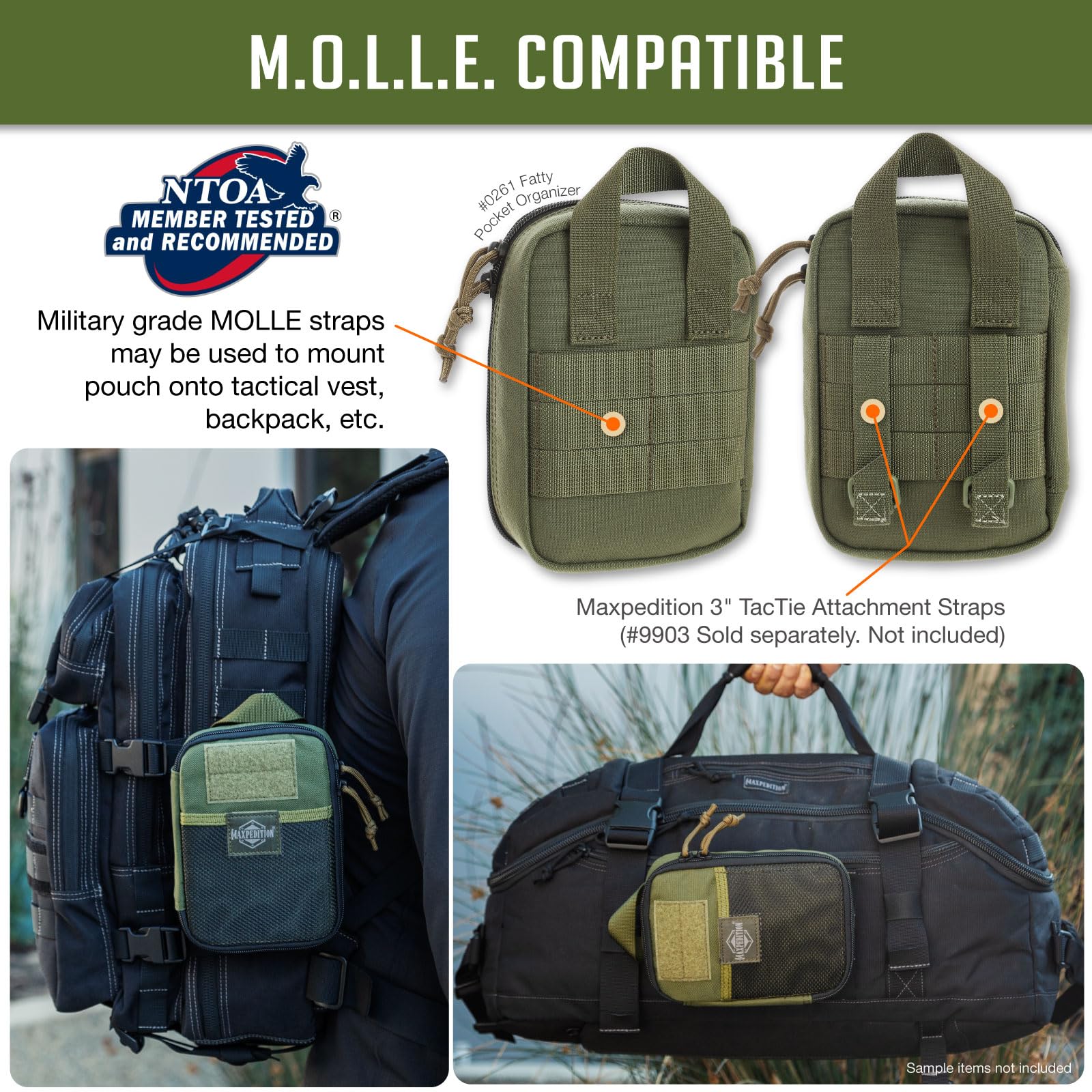Maxpedition Medium Fatty OD Green MOLLE compatibility for modular attachment.