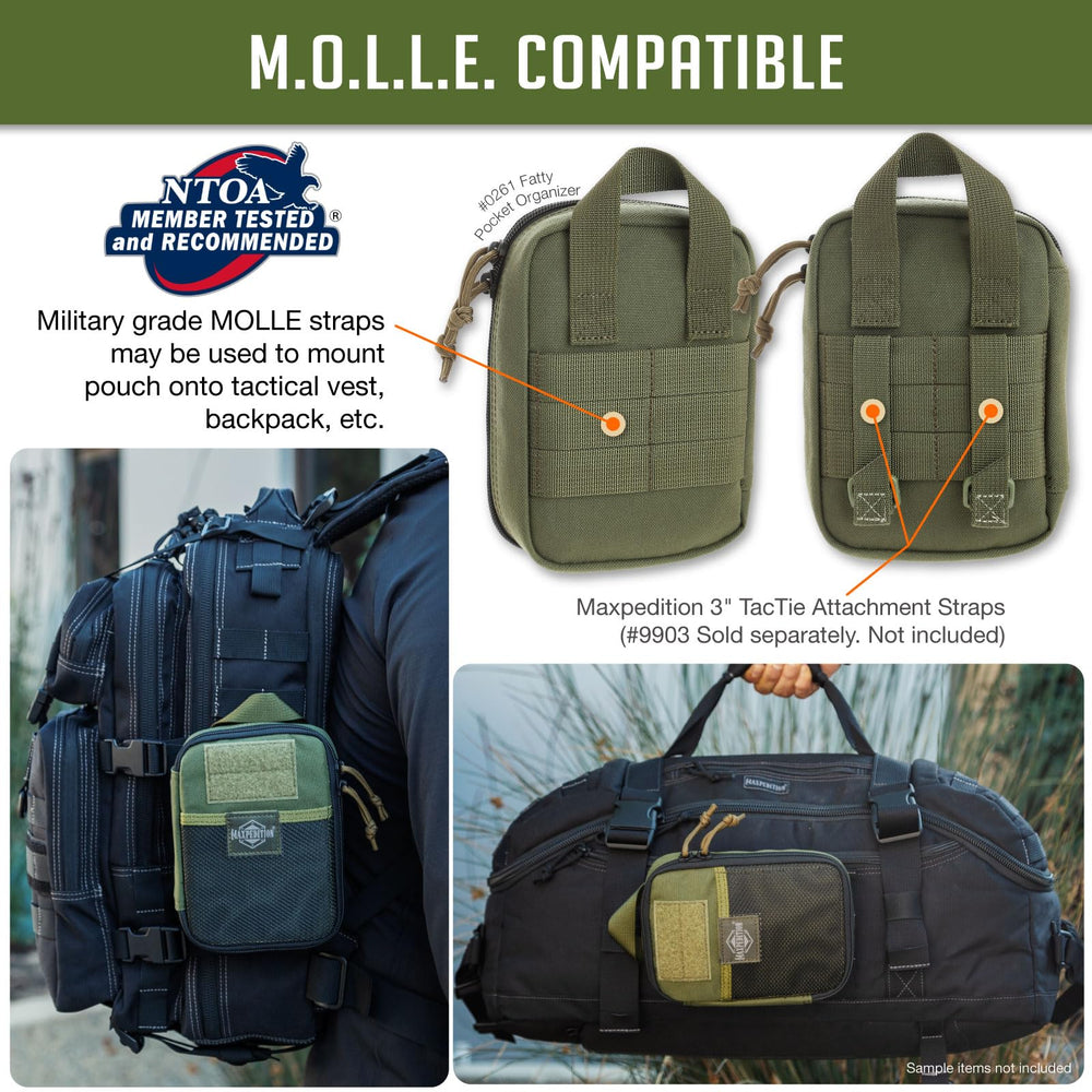Maxpedition Medium Fatty OD Green MOLLE compatibility for modular attachment.
