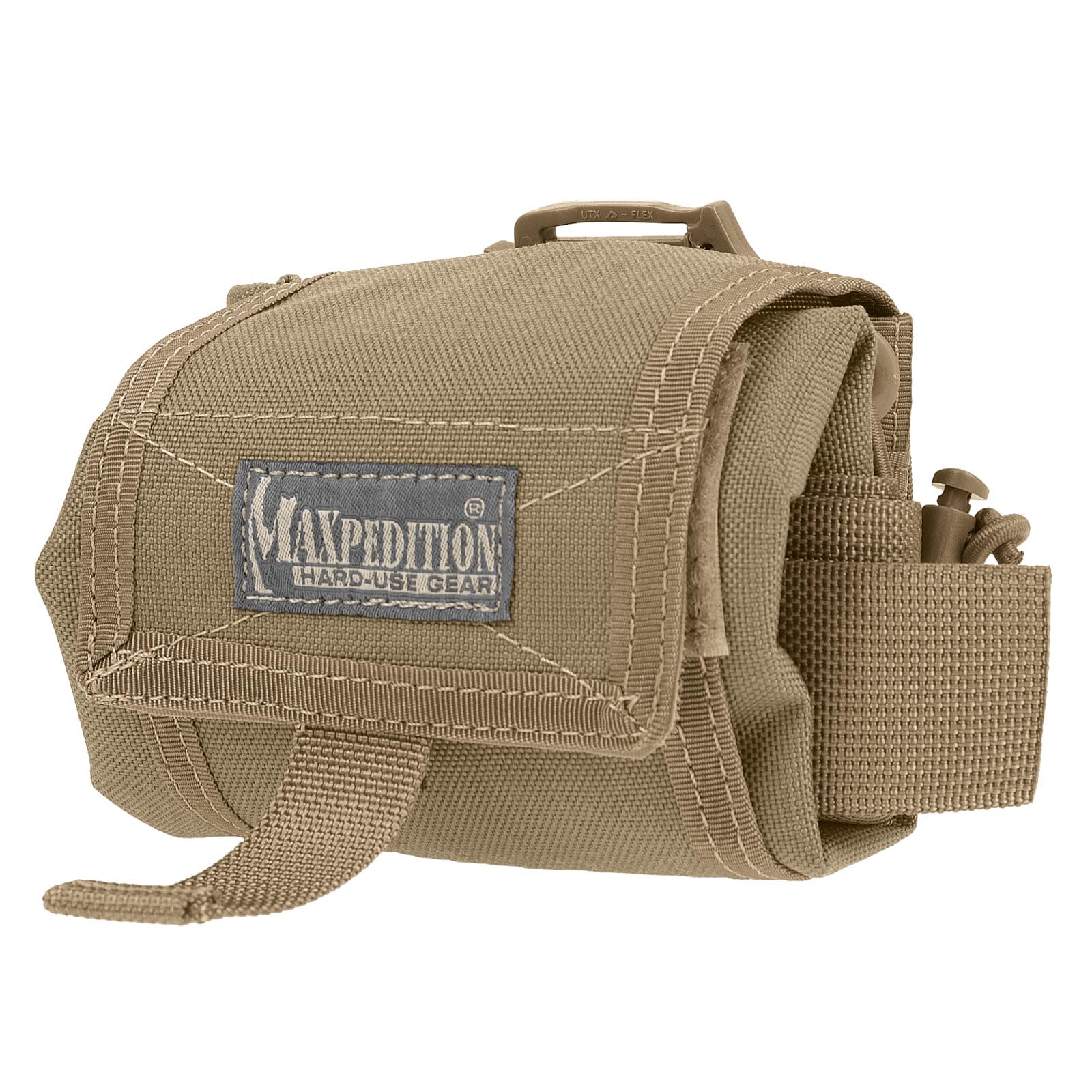Maxpedition Mega Rollypoly folded dump pouch closed for compact field transport.