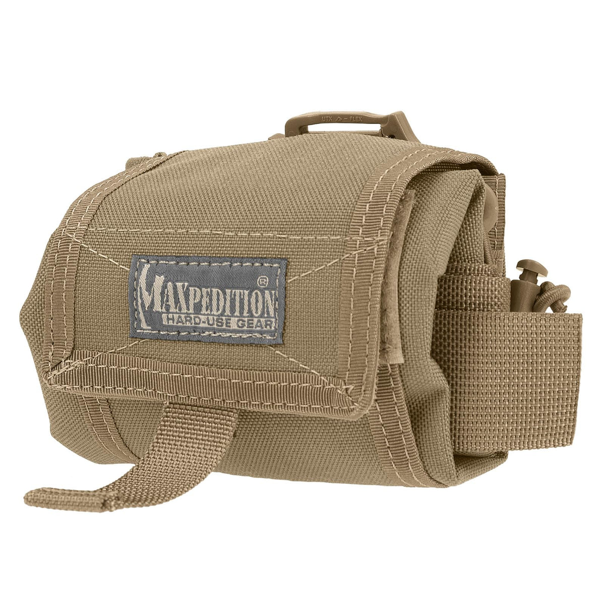 Maxpedition Mega Rollypoly folded dump pouch closed for compact field transport.