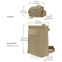 Maxpedition Mega Rollypoly open dump pouch shows 8x11 inch interior for gear storage.