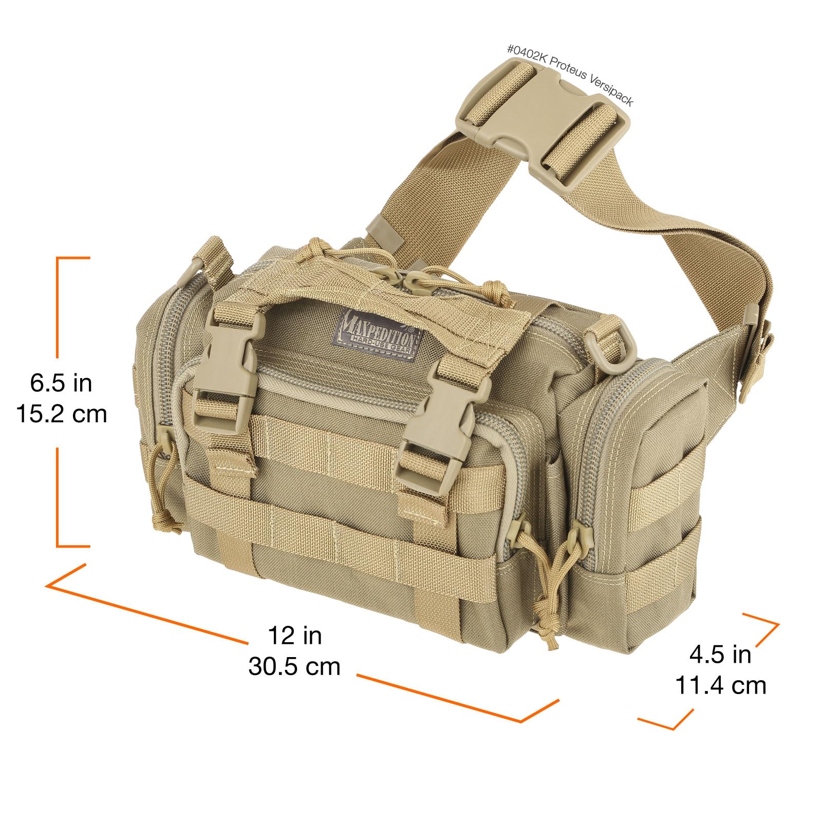 Maxpedition Proteus Versipack Khaki attached to a backpack for versatile modular use.