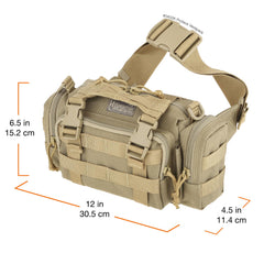 Maxpedition Proteus Versipack Khaki attached to a backpack for versatile modular use.