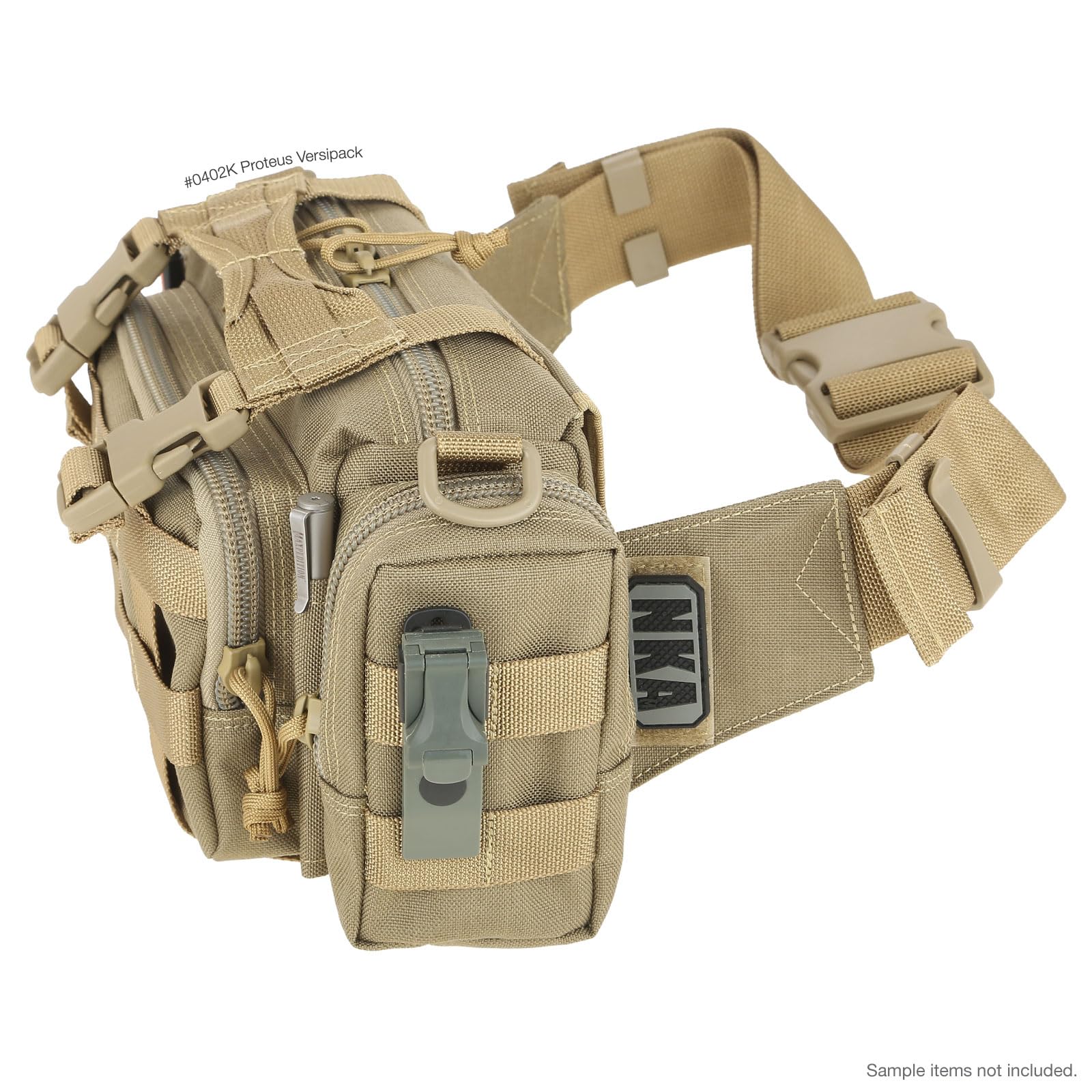 Maxpedition Proteus Versipack Khaki uses Duraflex buckles for quiet closures.