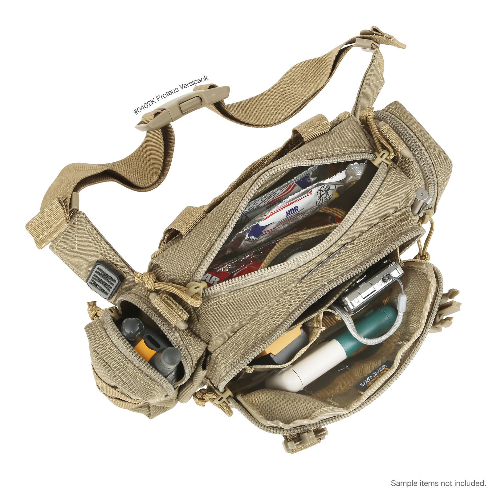 Maxpedition Proteus Versipack Khaki features high-strength zippers for durable operation.
