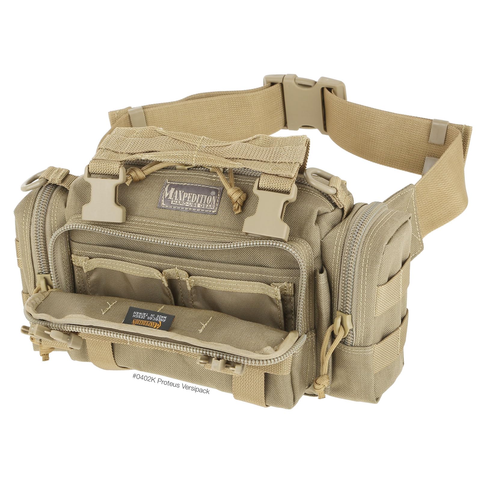 Maxpedition Proteus Versipack Khaki with MOLLE compatibility for expanded gear.
