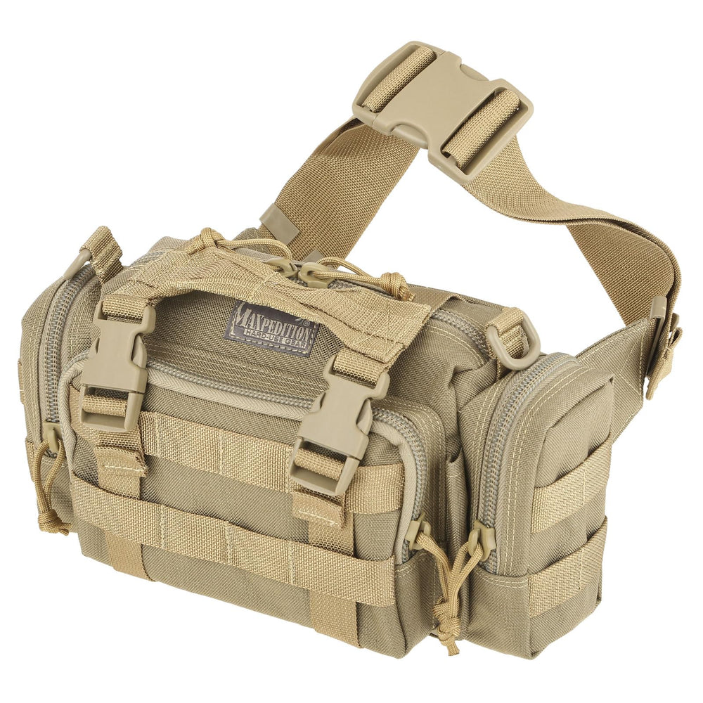 Maxpedition Proteus Versipack Khaki opened to show organized compartments for quick access.