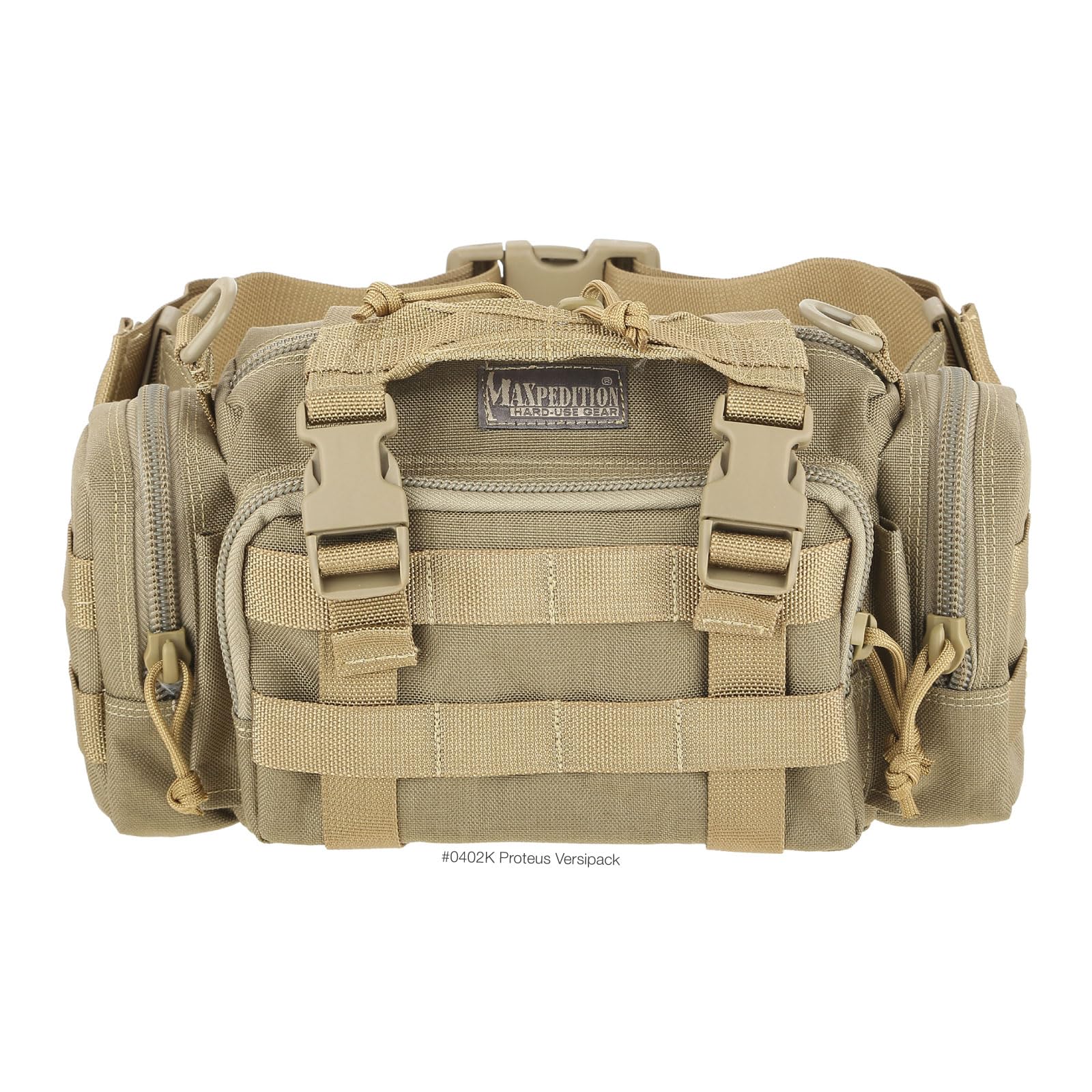 Maxpedition Proteus Versipack Khaki shows webbing attachment for modular accessories.