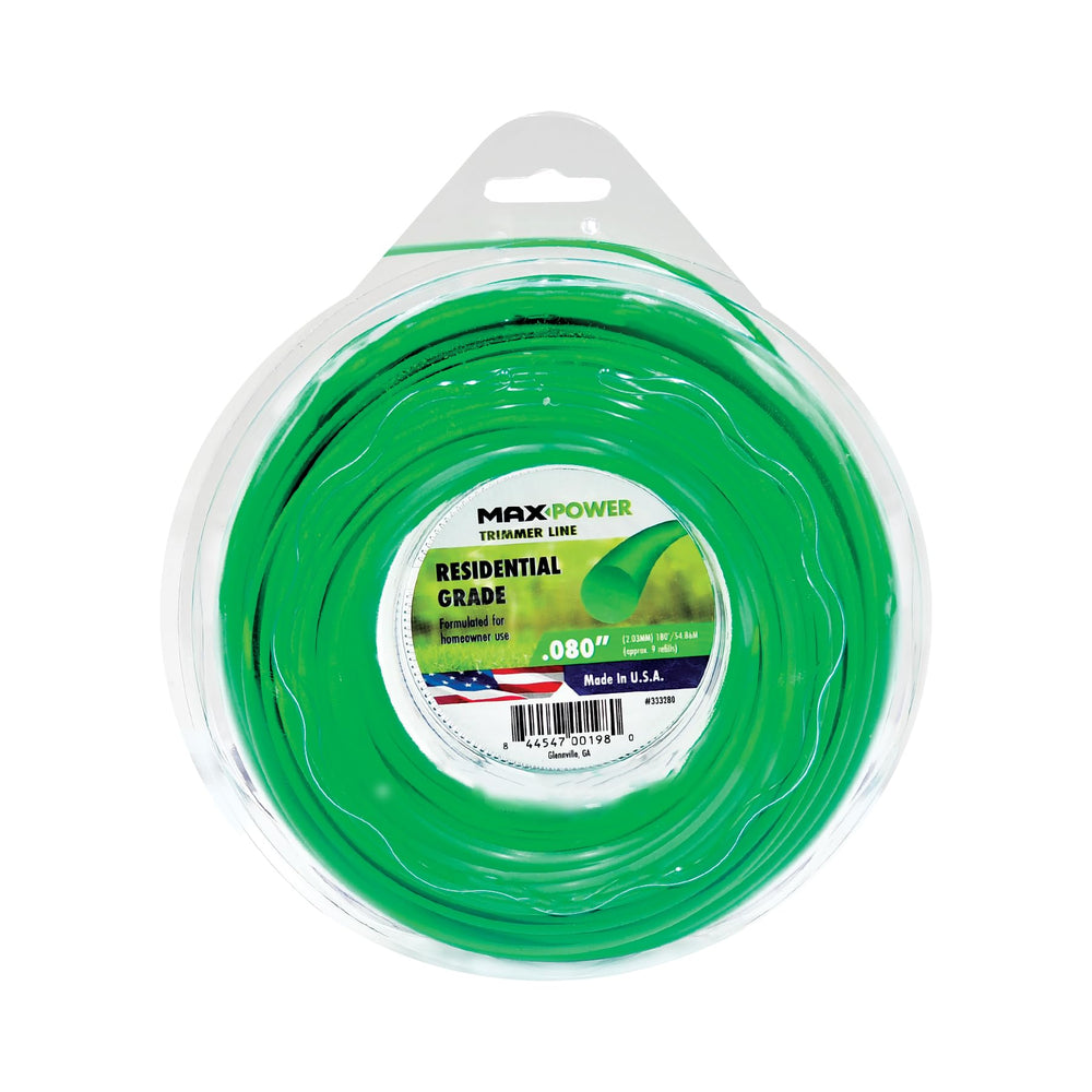 Maxpower trimmer line in green 0.080 inch for durable lawn edging.
