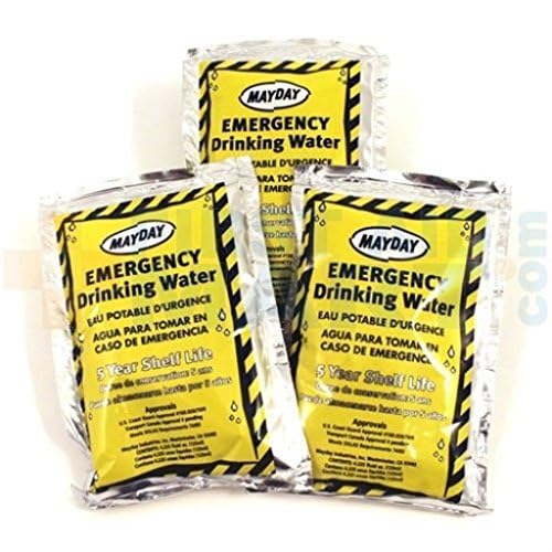 Stacked Mayday water pouches demonstrate case capacity for emergencies.