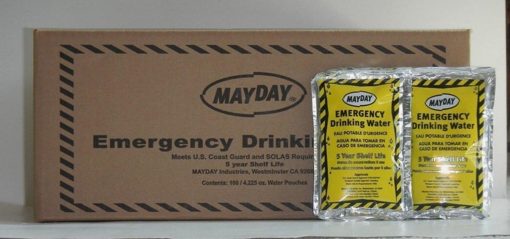 Sealed Mayday water pouch highlighting freshness and five-year shelf life.