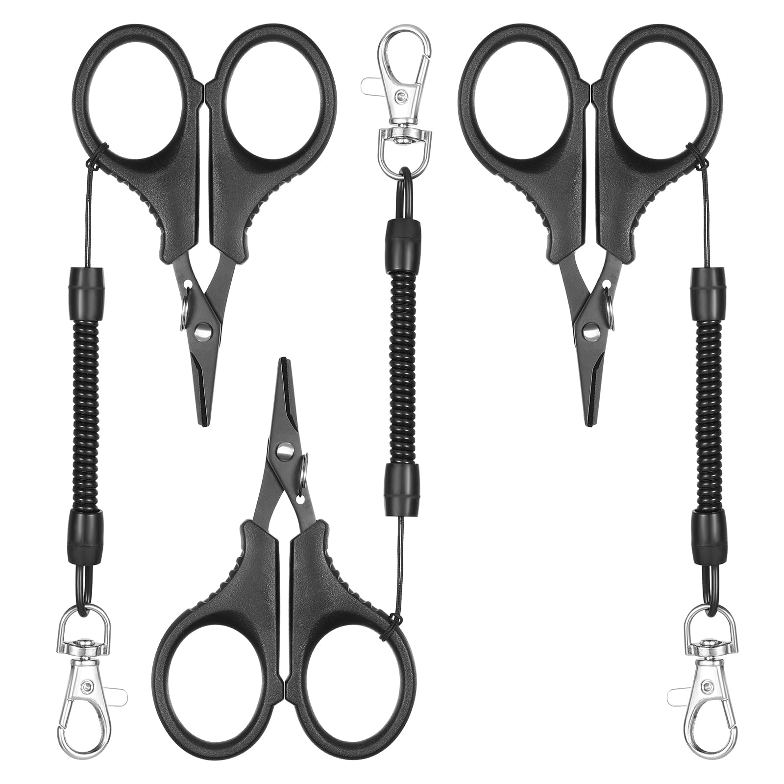 Close-up of MBAIYO 3-piece fishing scissors with titanium-coated, micro-serrated blade