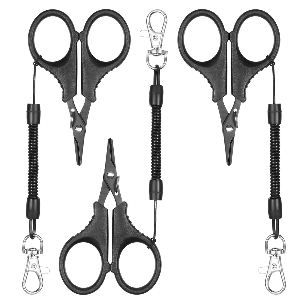 Close-up of MBAIYO 3-piece fishing scissors with titanium-coated, micro-serrated blade