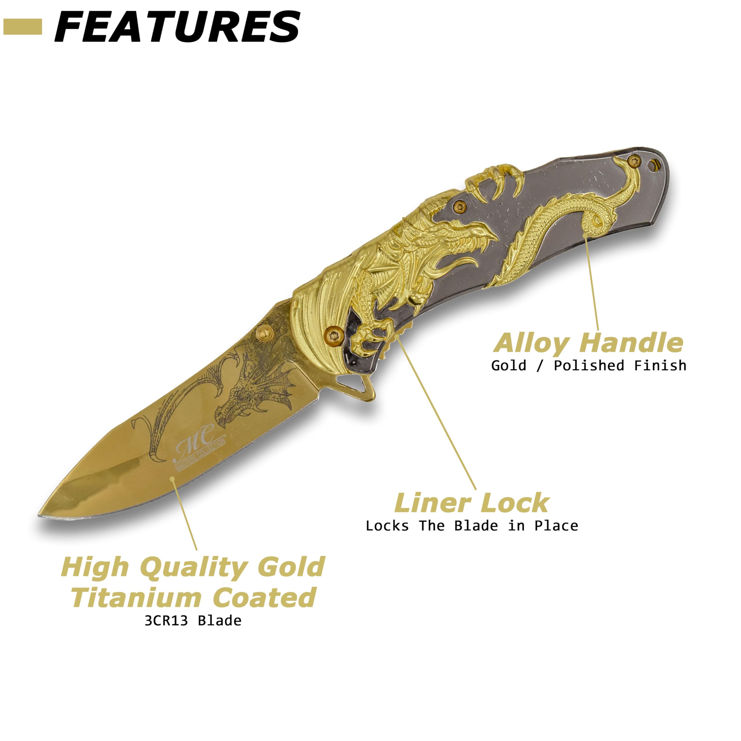 MC-A045 gold TiNite blade with laser-etched dragon close-up