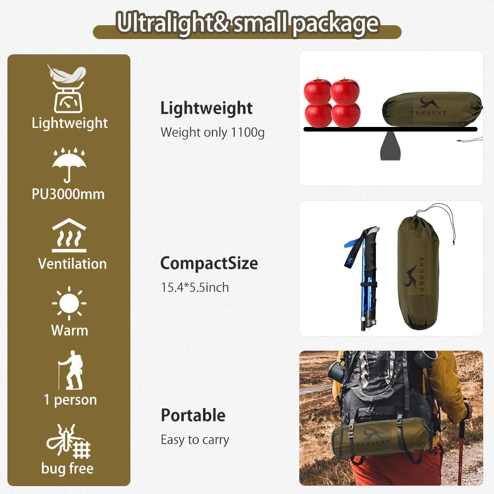 MC TOMOUNT bivy tent ultralight setup in 3 minutes emphasizes quick, simple camping readiness.