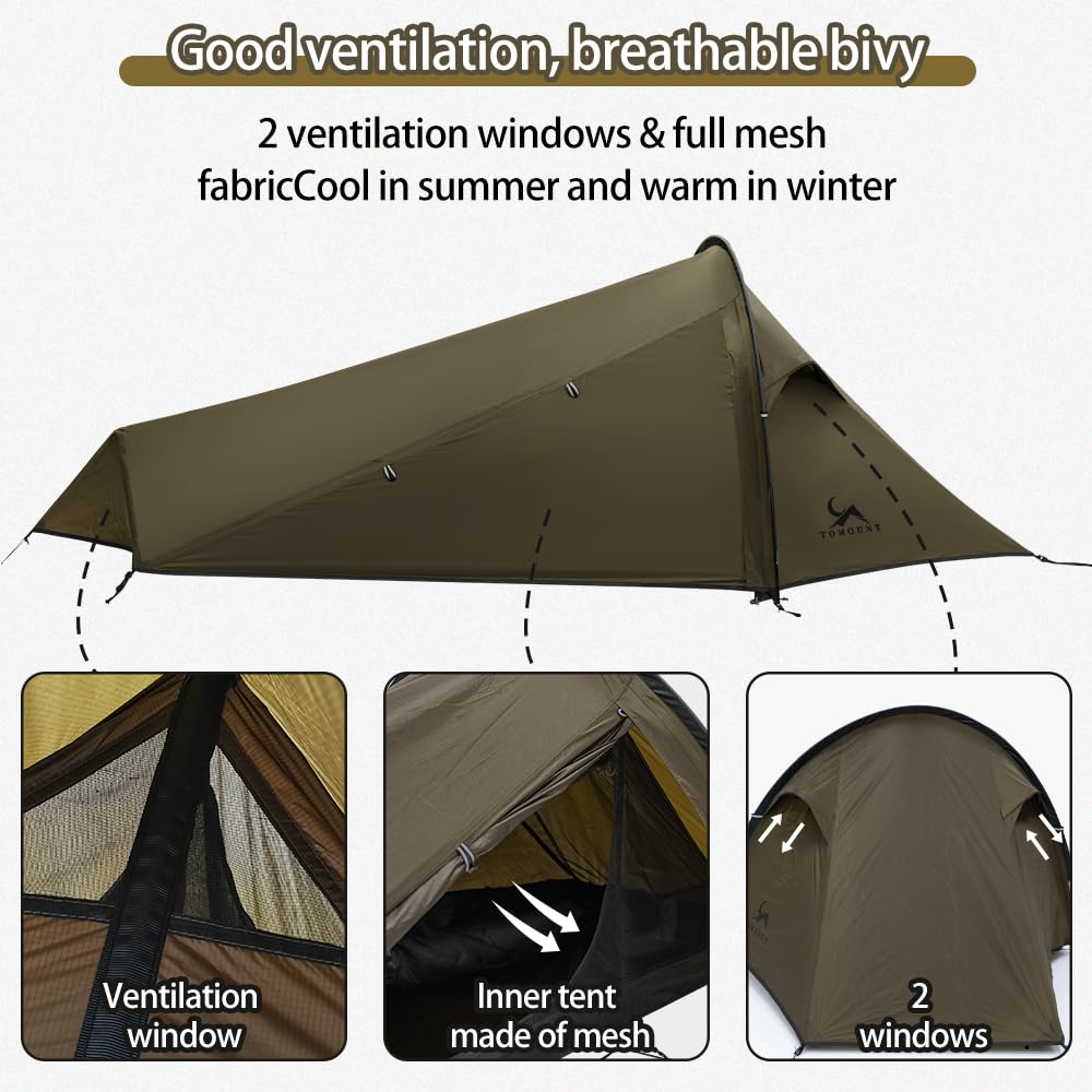 MC TOMOUNT bivy tent ultralight ventilation interior mesh keeps air fresh during warm nights.