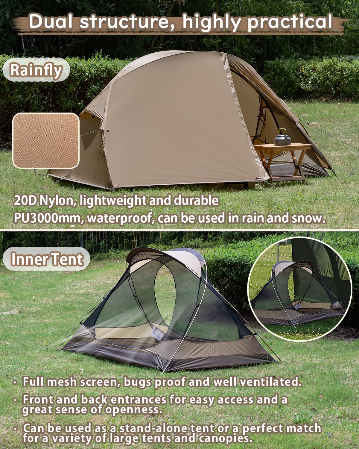 MC TOMOUNT tent outer nylon with 3000mm waterproof rating for reliable rain protection.