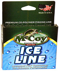 McCoy Fishing ice line, 125-yard spool, high strength and low memory for cold-water ice fishing.