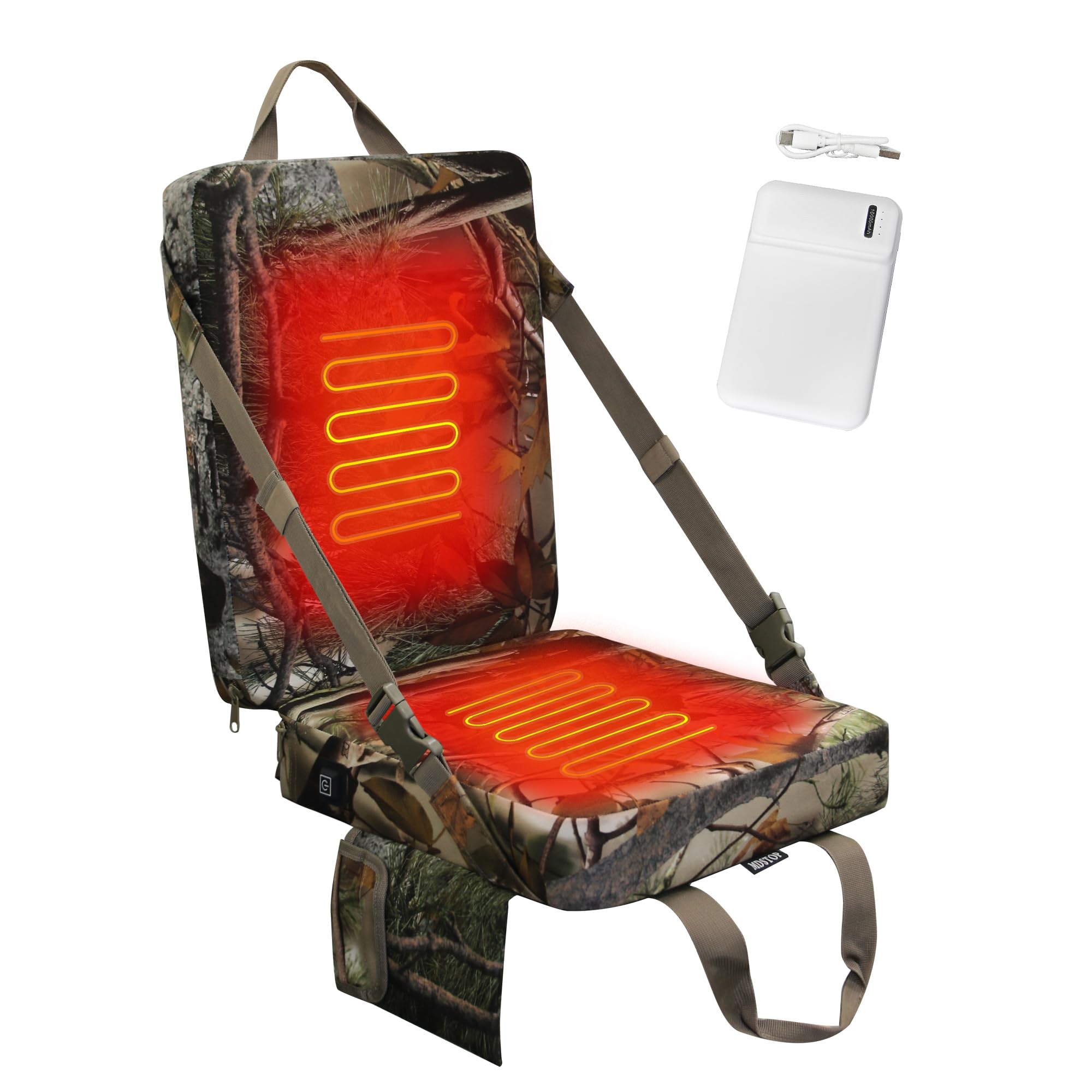 MDSTOP heated hunting seat backrest in camouflage provides ergonomic support for long sits.