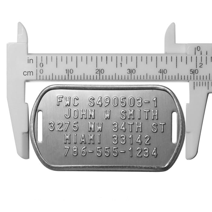 Close-up of rust-proof FWC crab trap tag for saltwater use