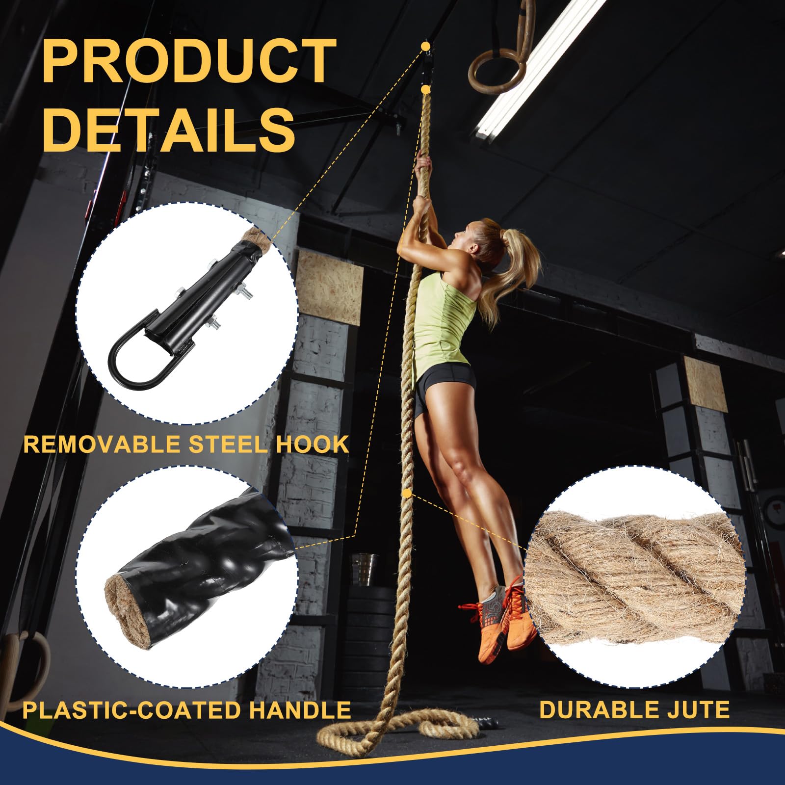 Meccanixity climbing rope plastic-coated handles offer comfortable grip and slip resistance.