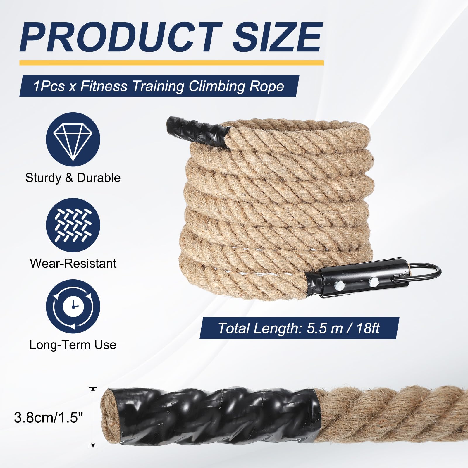 MECCANIXITY climbing rope steel hook close-up shows rust-resistant hardware for lasting use.