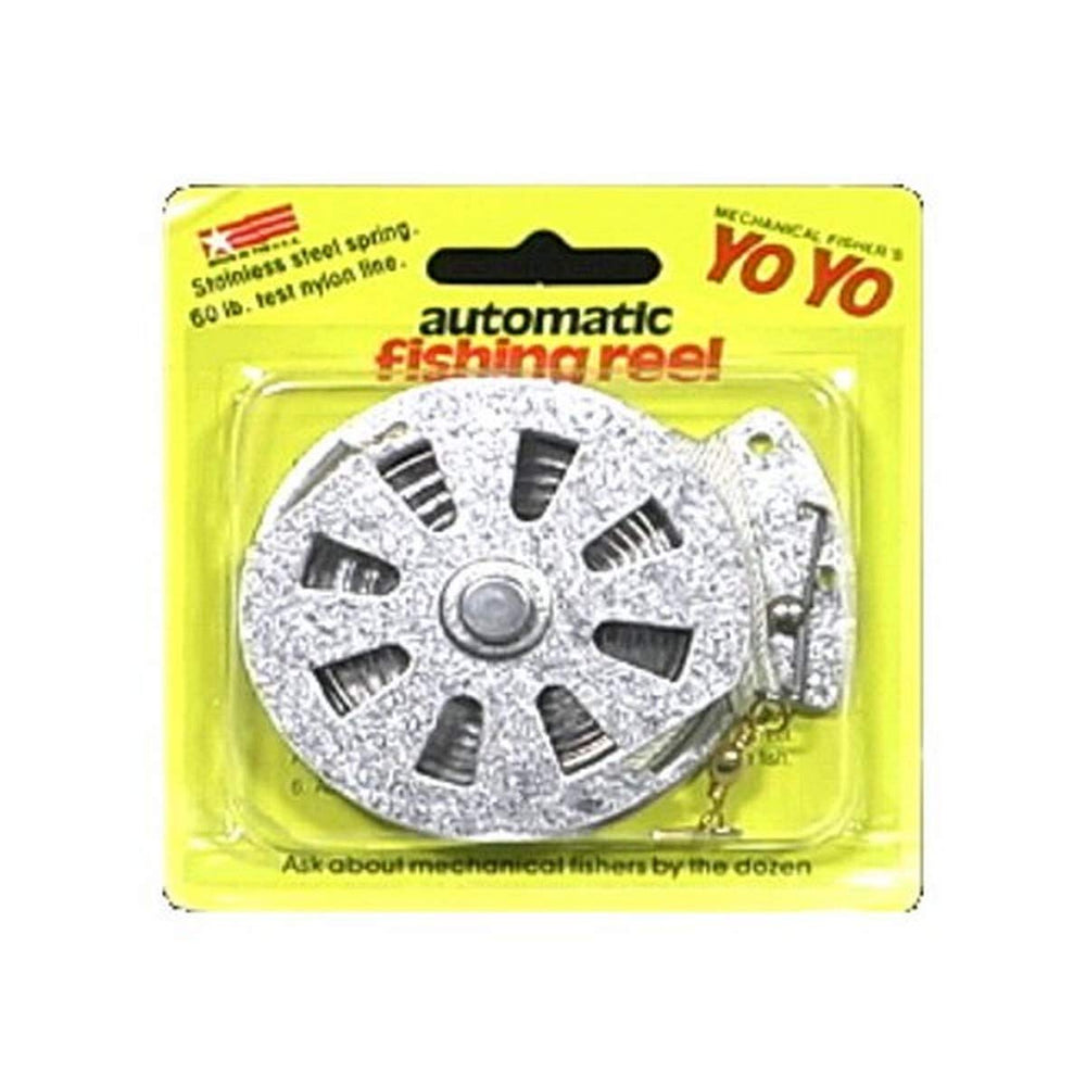 Mechanical Fisher Flat Reel product shot highlighting automatic hook-setting for crappie and catfish